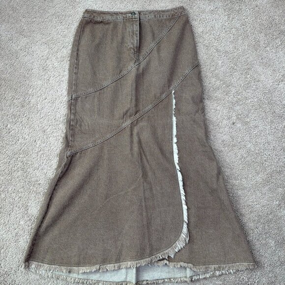Newport News Dresses & Skirts - Newport News Jeanology Skirt Women 10 Brown Denim Maxi Tiered Asymmetric Vtg Y2K
